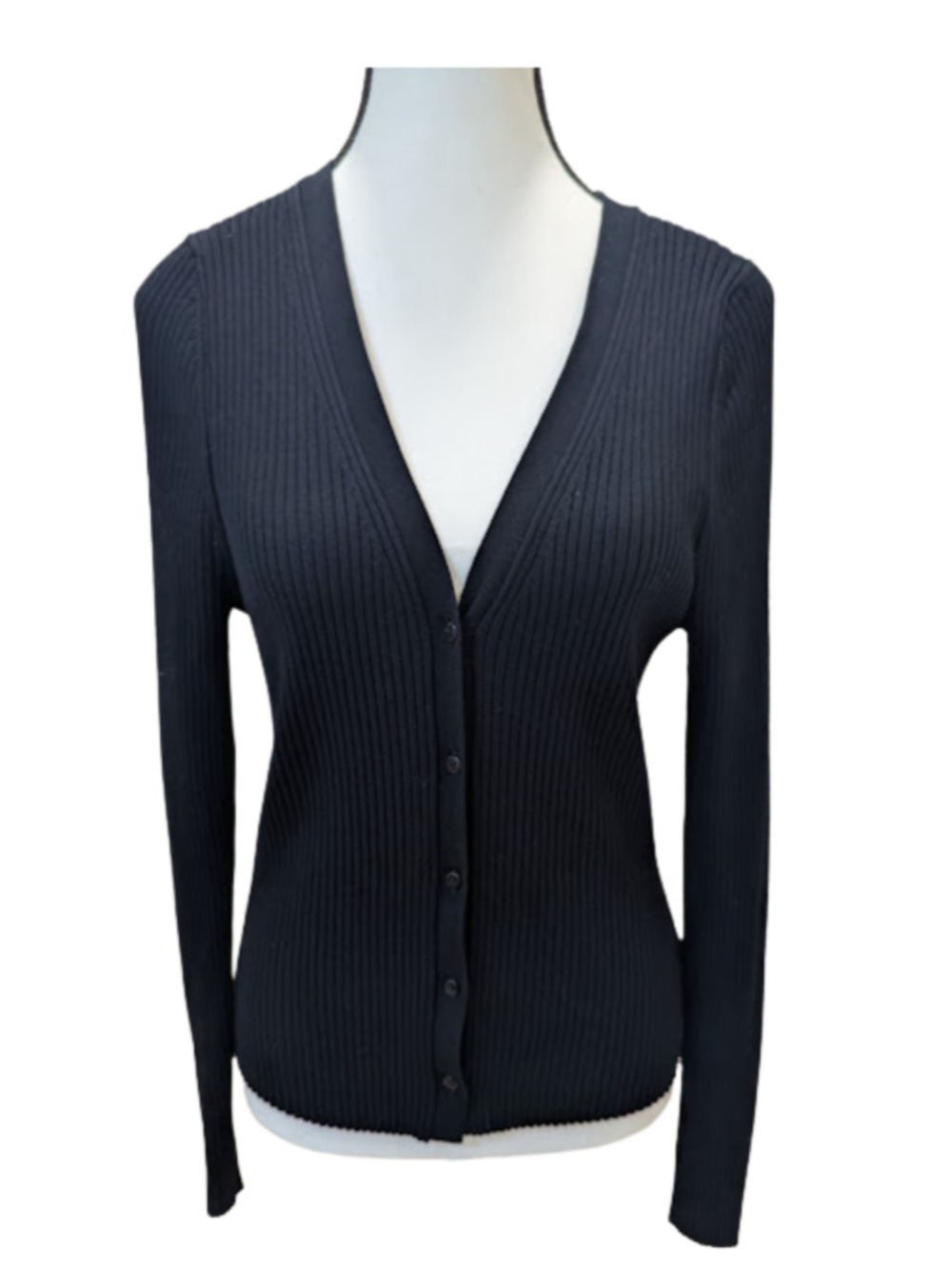 Worthington Ribbed Cardigan Black V Neck Button Front Classic Minimalist Chic L